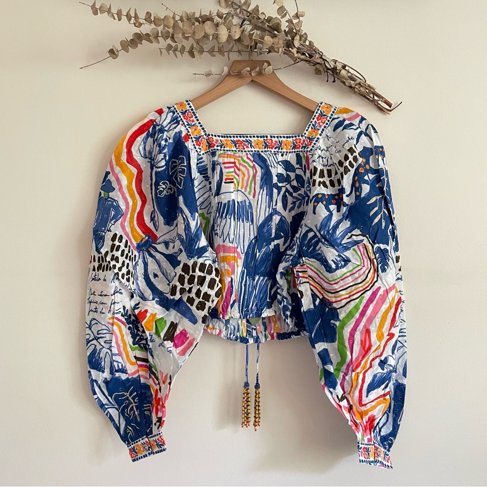 Farm Rio Wild Brazil Cotton Crop Top Drawstring Button Front Multicolor NWT XS - Picture 7 of 16